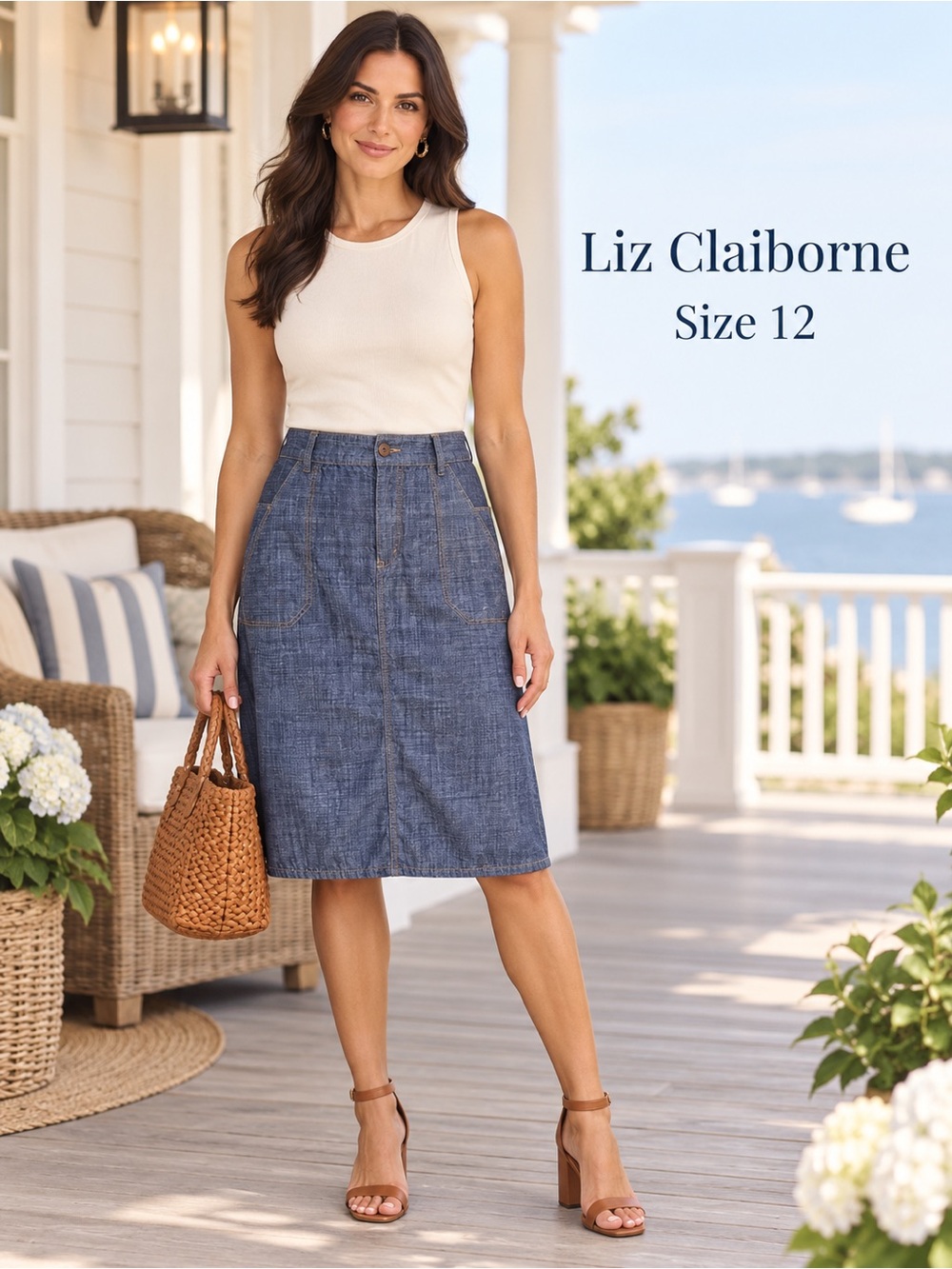 Liz Claiborne Chambray Denim A-Line Midi Skirt Blue Size 12